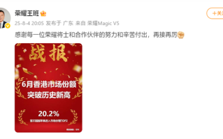 首次超越苹果！荣耀6月香港市场份额破20.2%创历史新高：进入TOP2 !